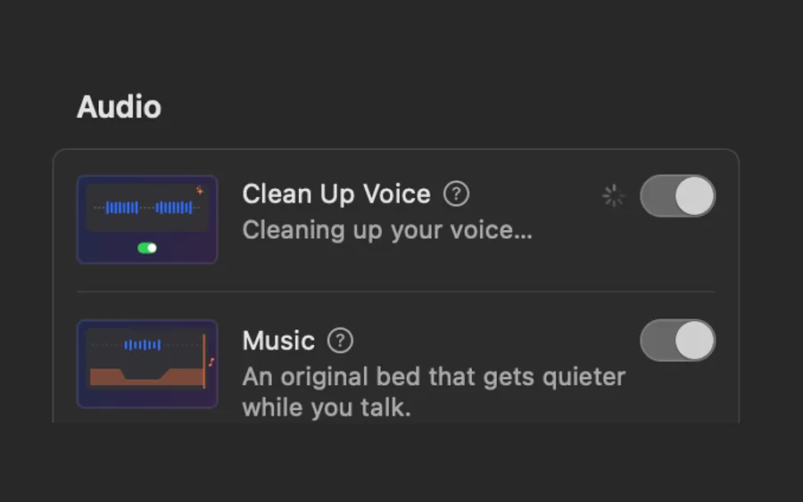 Demo Studio’s Audio panel: Clean Up Voice switched on and working
