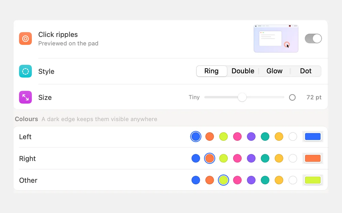 Click Ripples settings: style, size and a colour for each mouse button