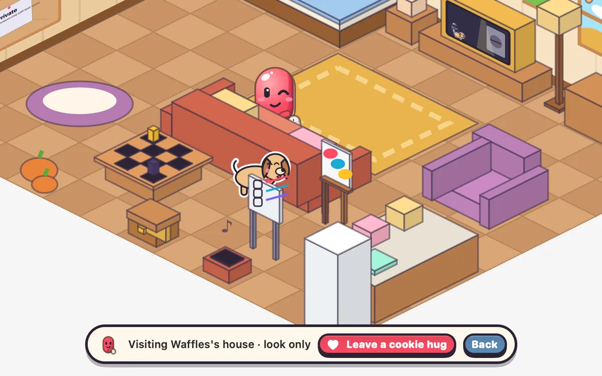 Visiting a friend’s Blip house, with the Leave a cookie hug button