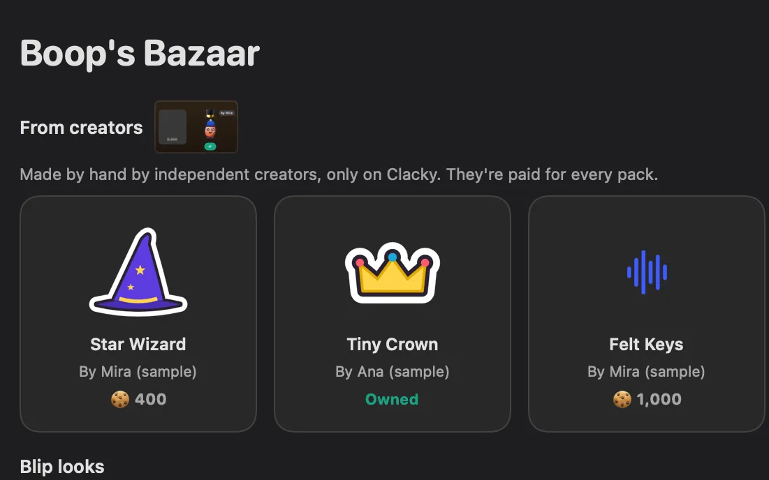 Boop’s Bazaar: creator items like Star Wizard and Tiny Crown, each with its maker’s name