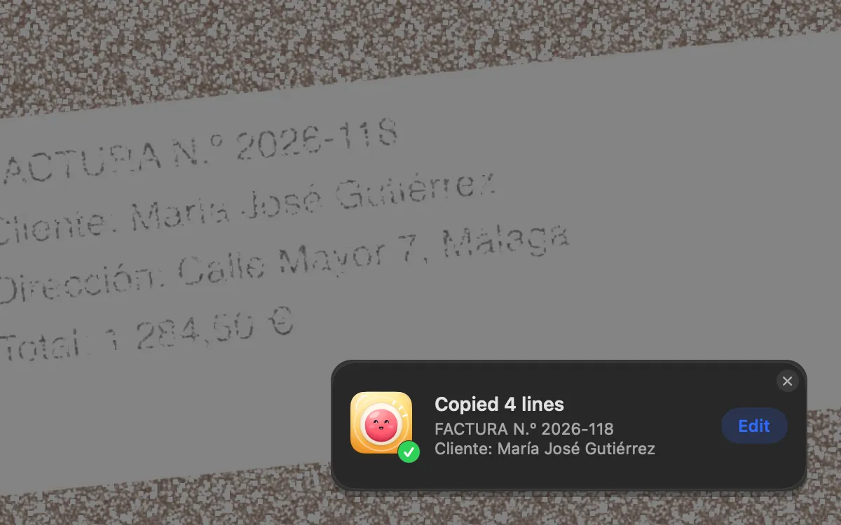 Grab Text on a photographed invoice: “Copied 4 lines”, with the first lines shown