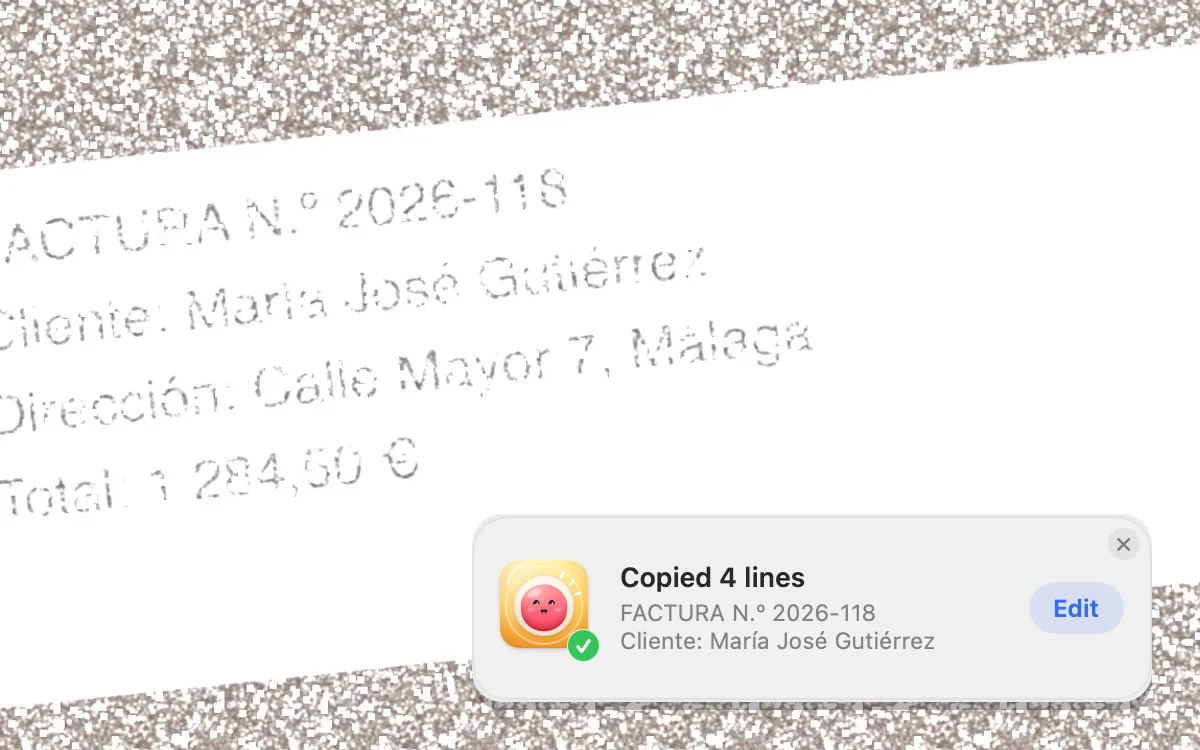 Grab Text on a photographed invoice: “Copied 4 lines”, with the first lines shown