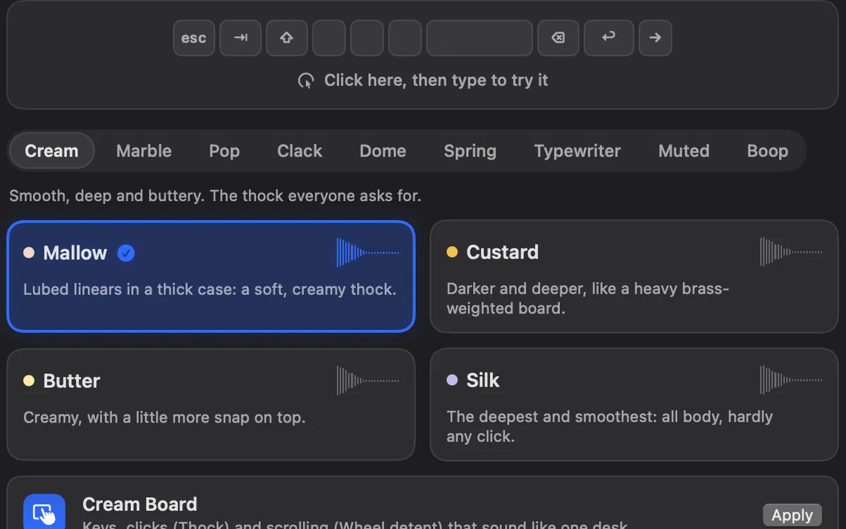 Keyboard settings: a try-it pad and the Cream sounds Mallow, Custard, Butter and Silk
