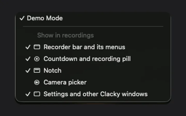 The Demo Mode menu: pick which of Clacky’s controls show in recordings