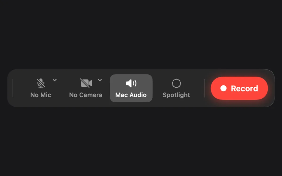 The recorder bar: No Mic, No Camera, Mac Audio on, Spotlight and Record