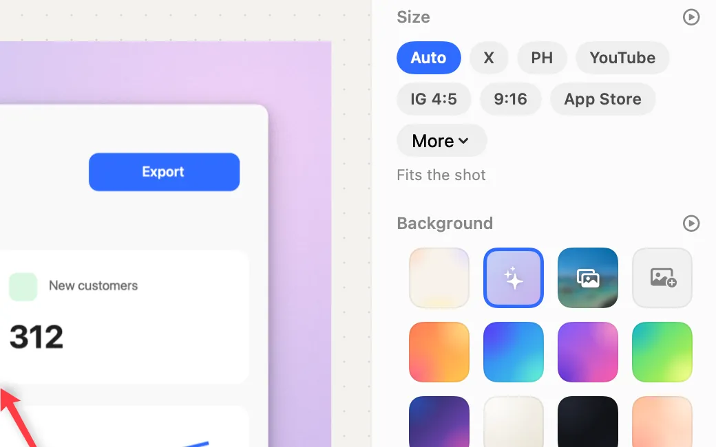Screenshot editor: sizes for X, Product Hunt, YouTube, 4:5, 9:16 and App Store, with backgrounds