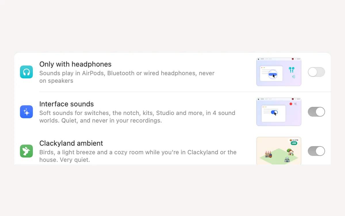 Sound settings: Only with headphones, interface sounds and Clackyland ambient