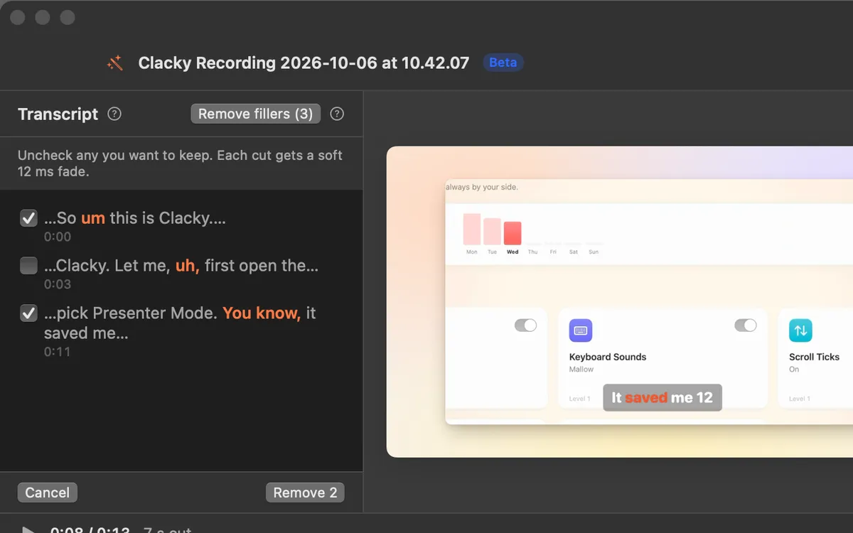 Remove filler words in Clacky
