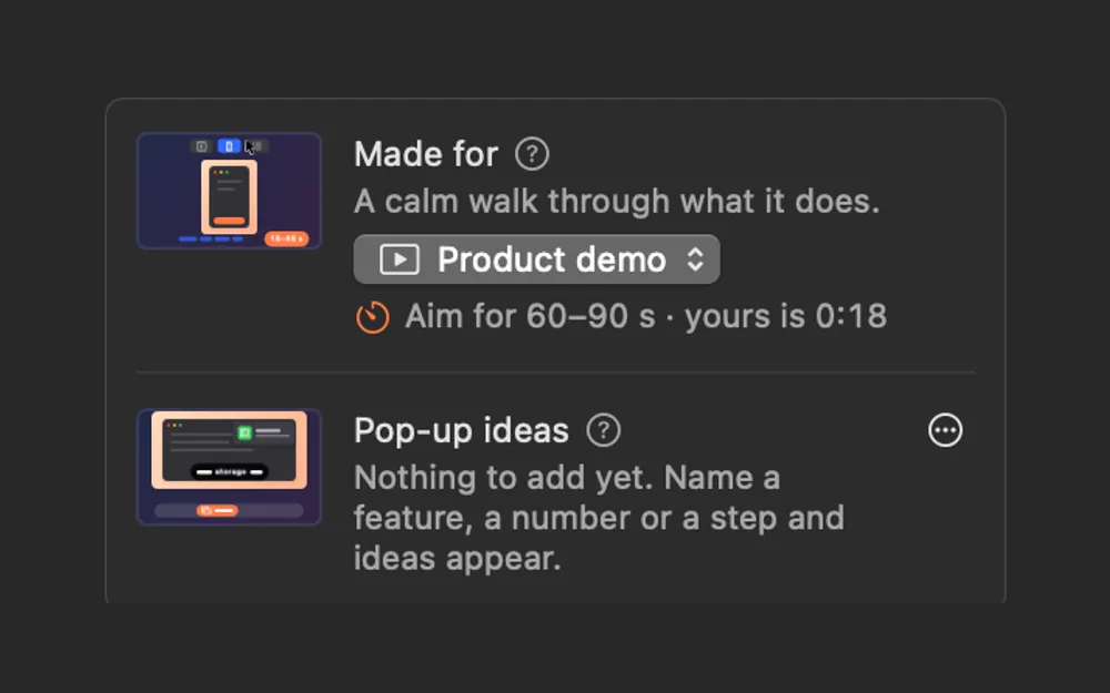 Demo Studio’s Made for menu set to Product demo: aim for 60–90 s