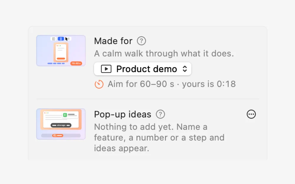 Demo Studio’s Made for menu set to Product demo: aim for 60–90 s