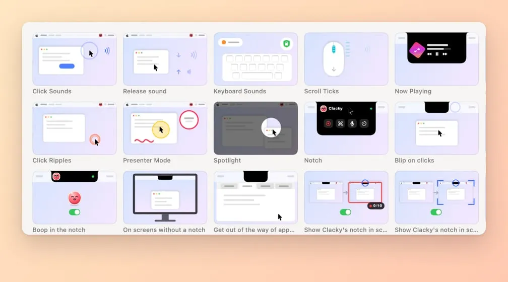 A grid of the short loops Clacky shows next to each feature