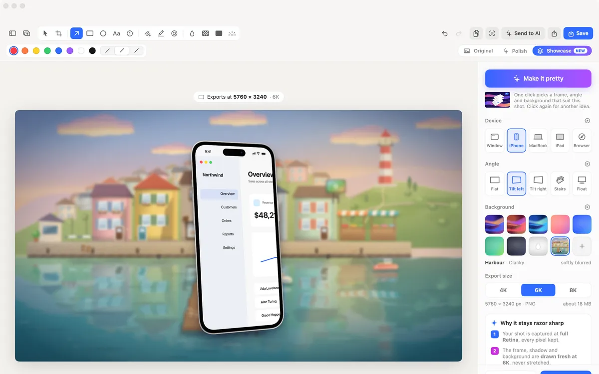 Clacky’s Showcase: a phone screenshot set on the harbour, with frame and background options